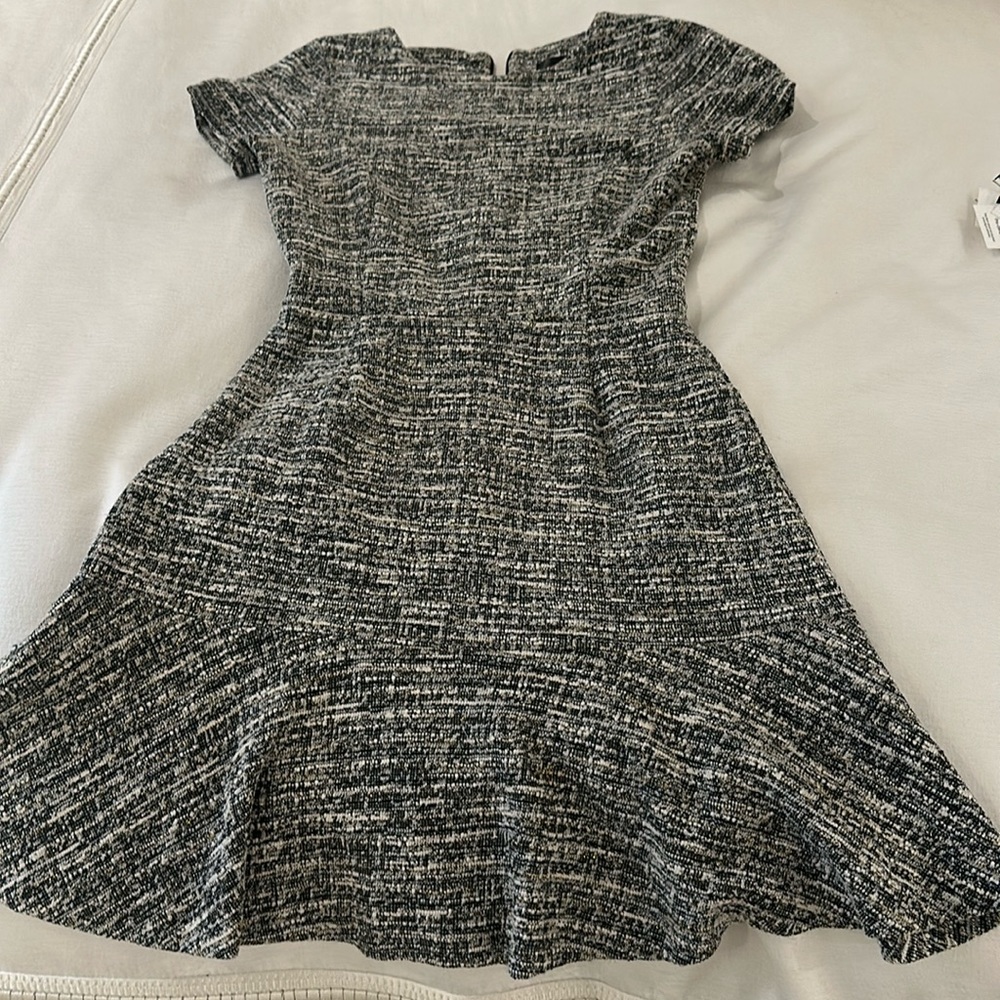 Flirty Aqua grey tweed mini dress with flared hem.